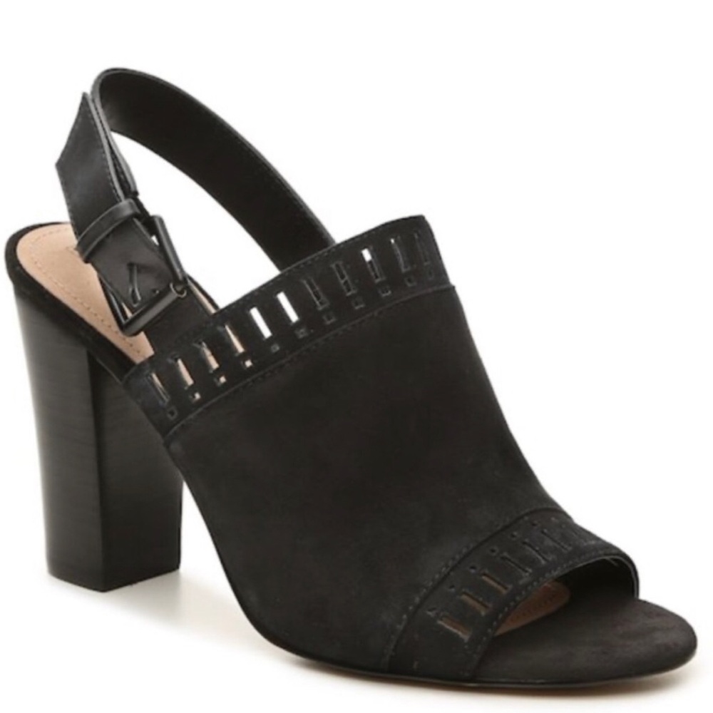 Tahari Black Suede Peep-Toe Slingback Block Heel Sandals